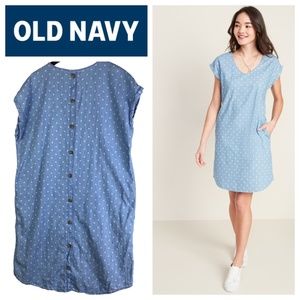 Old Navy XL Tall XLT 14 16 Dress Blue Polka Dot Chambray Denim Button Back